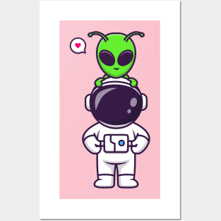 Cute Astronaut With Alien Cartoon Posters and Art